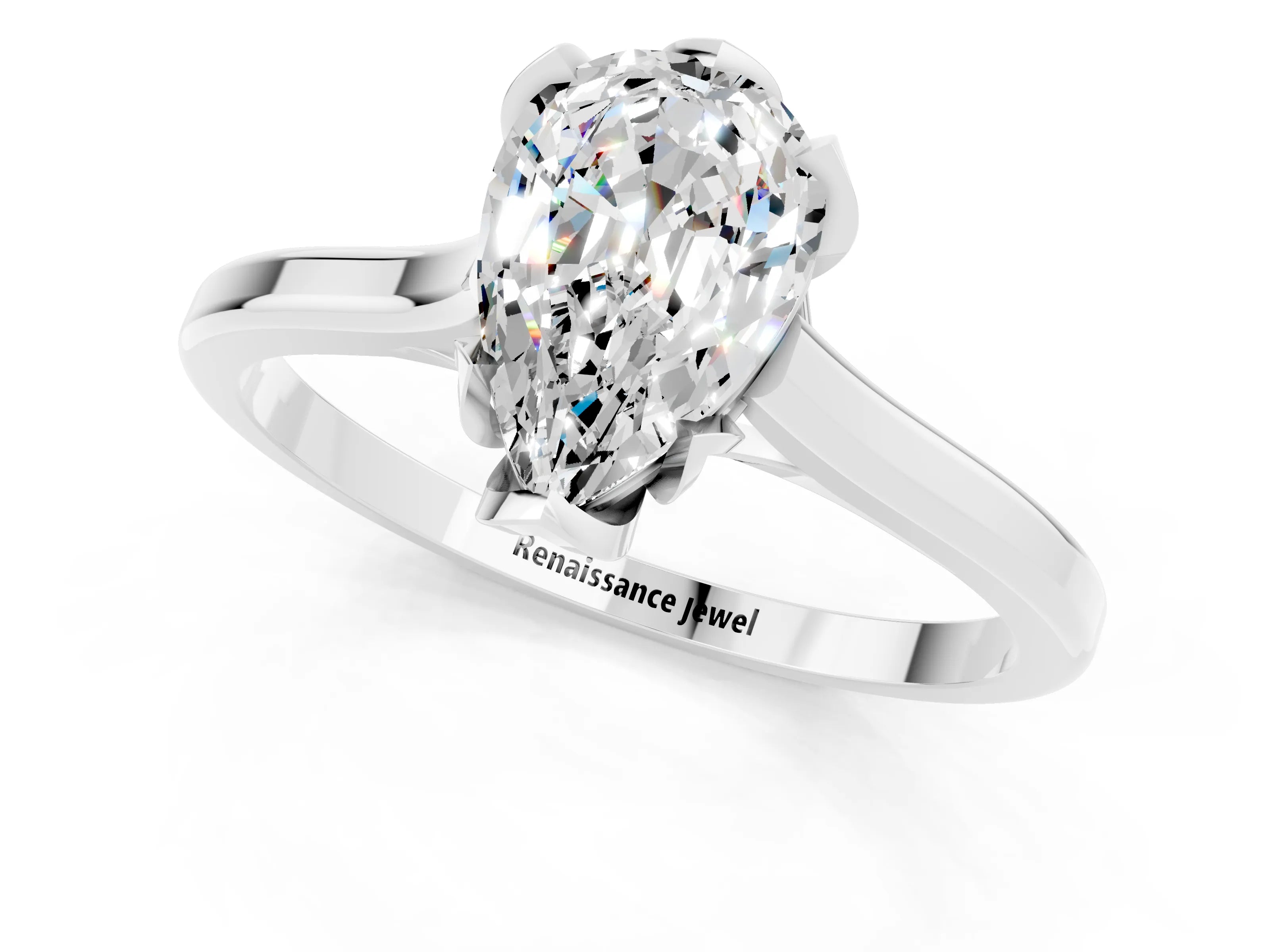 White gold Pear Cut Moissanite Solitaire Ring with Flower Prong Setting and Classic Band_13