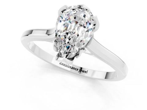 White gold Pear Cut Moissanite Solitaire Ring with Flower Prong Setting and Classic Band_13