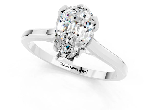 Silver Pear Cut Moissanite Solitaire Ring with Flower Prong Setting and Classic Band