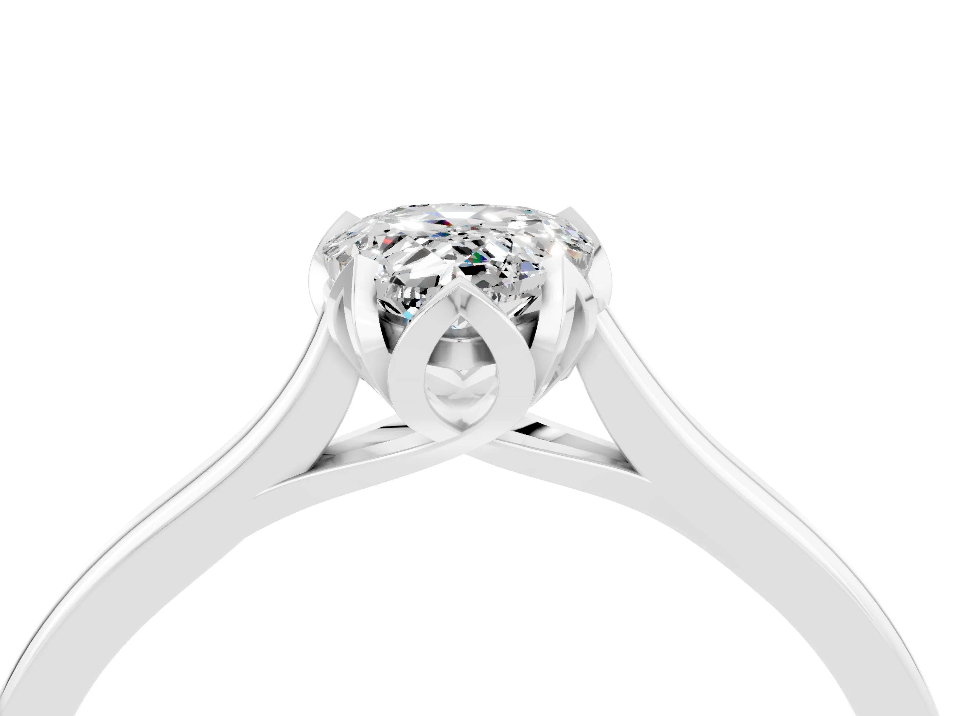 White gold Pear Cut Moissanite Solitaire Ring with Flower Prong Setting and Classic Band_16