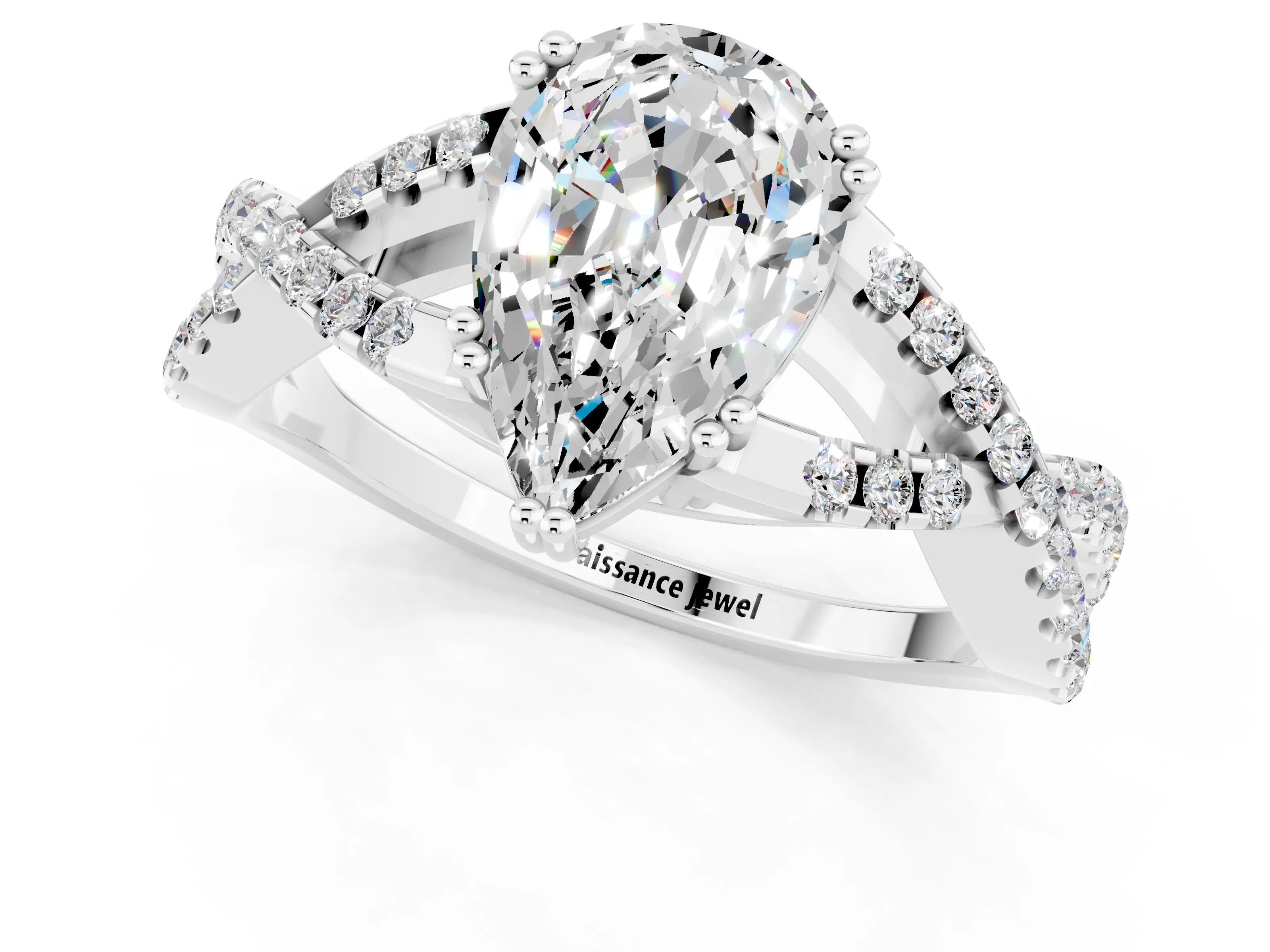 White gold Pear Cut Moissanite Solitaire Ring with Four-Prong Setting and Twisted Pavé Band_1