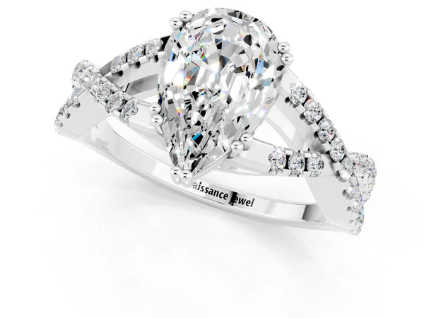 Silver Pear Cut Moissanite Solitaire Ring with Four-Prong Setting and Twisted Pavé Band