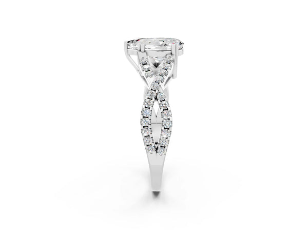 Platinum Pear Cut Moissanite Solitaire Ring with Four-Prong Setting and Twisted Pavé Band