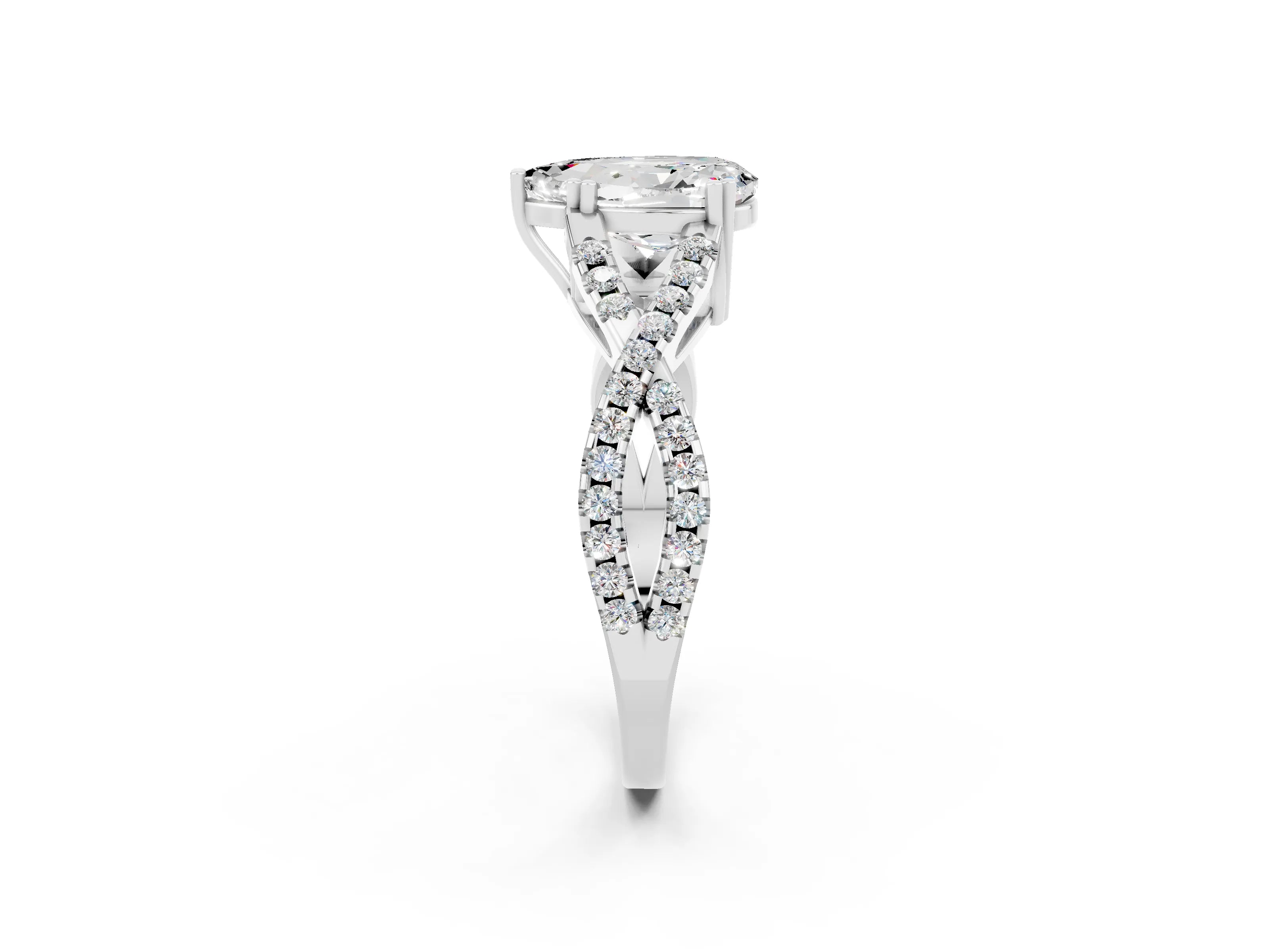 White gold Pear Cut Moissanite Solitaire Ring with Four-Prong Setting and Twisted Pavé Band_2