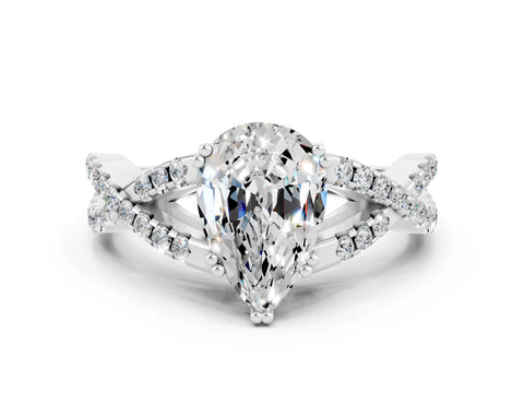 White gold Pear Cut Moissanite Solitaire Ring with Four-Prong Setting and Twisted Pavé Band