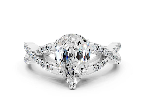 Silver Pear Cut Moissanite Solitaire Ring with Four-Prong Setting and Twisted Pavé Band