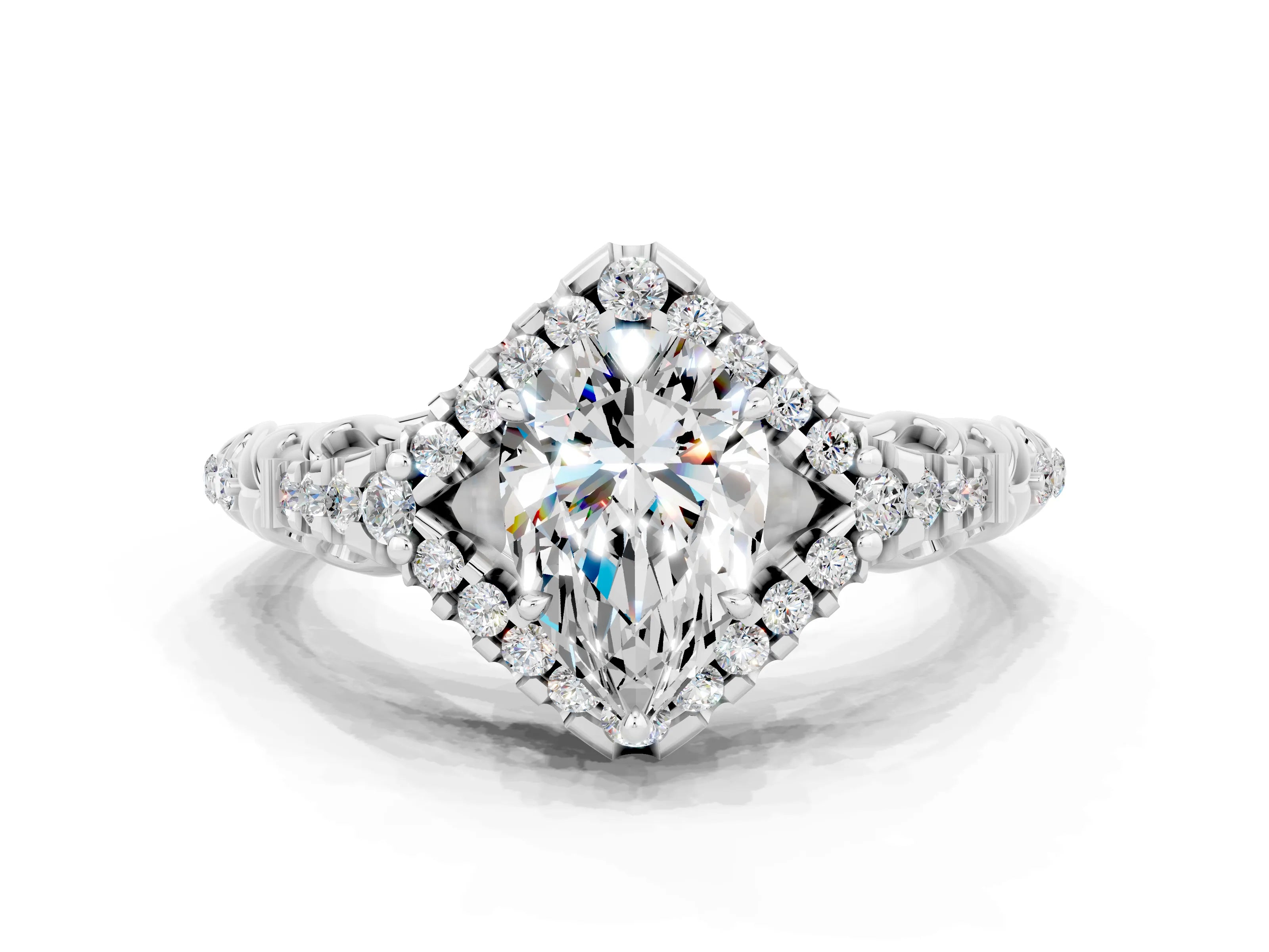 White gold Pear Cut Moissanite Solitaire Ring with Hidden Halo and Pavé Band_24