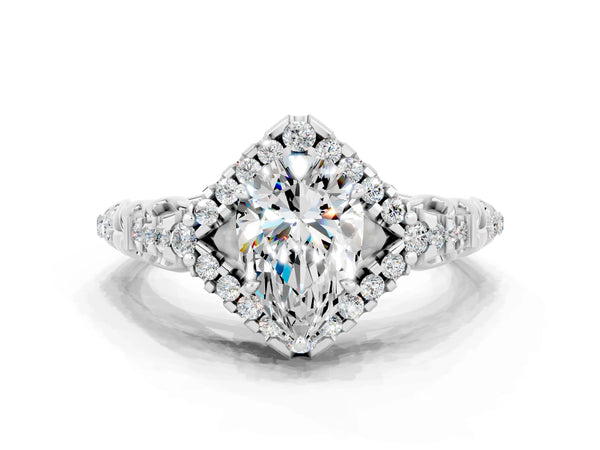 White gold Pear Cut Moissanite Solitaire Ring with Hidden Halo and Pavé Band