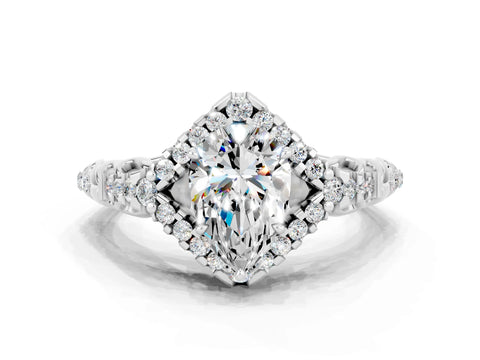 White gold Pear Cut Moissanite Solitaire Ring with Hidden Halo and Pavé Band_24