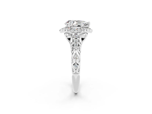 Platinum Pear Cut Moissanite Solitaire Ring with Hidden Halo and Pavé Band