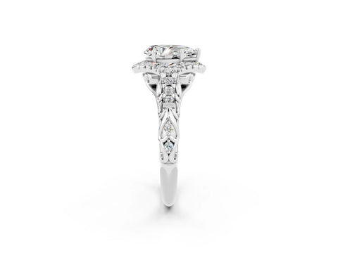 White gold Pear Cut Moissanite Solitaire Ring with Hidden Halo and Pavé Band_26