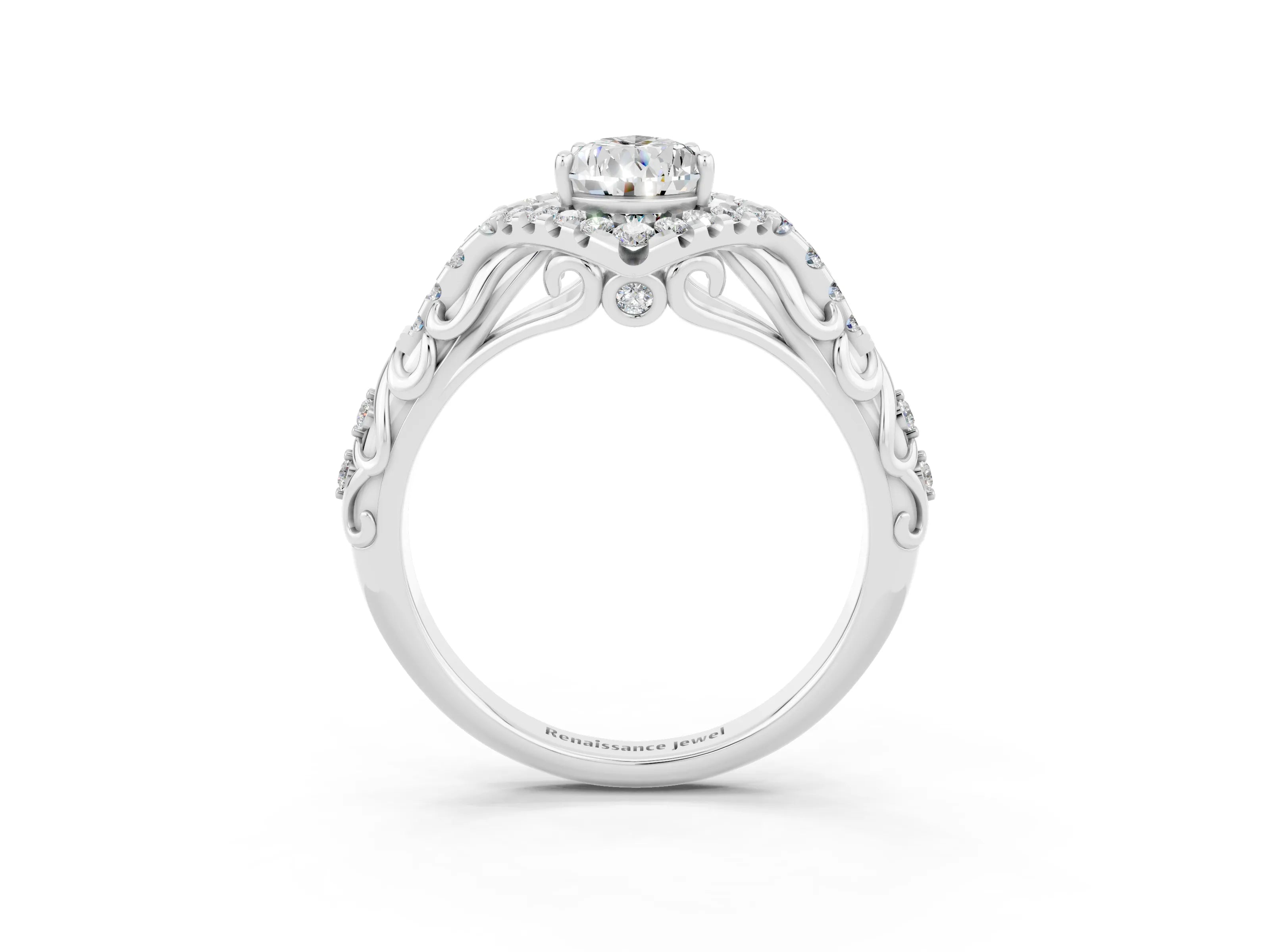 White gold Pear Cut Moissanite Solitaire Ring with Hidden Halo and Pavé Band_27