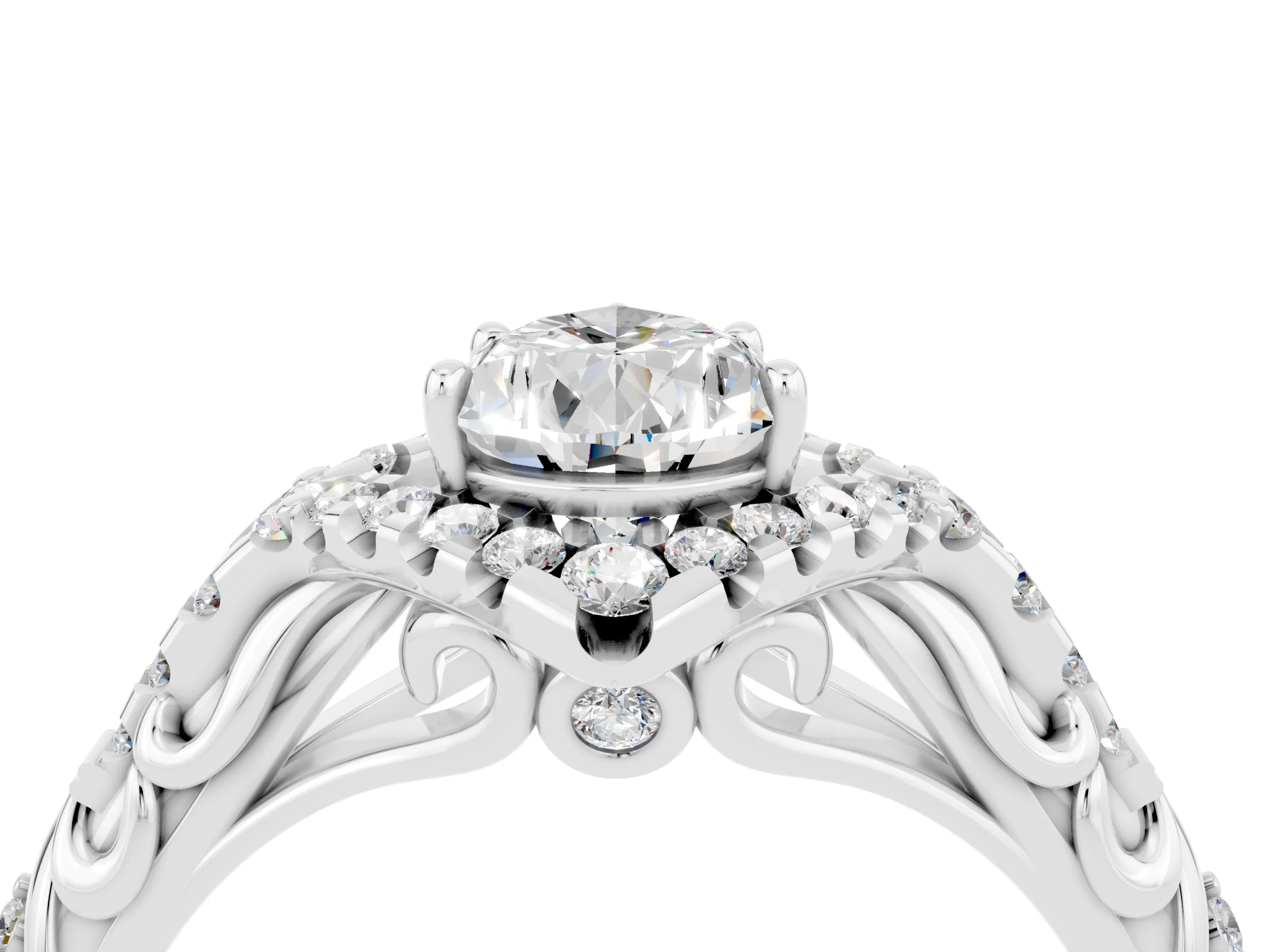 White gold Pear Cut Moissanite Solitaire Ring with Hidden Halo and Pavé Band_28