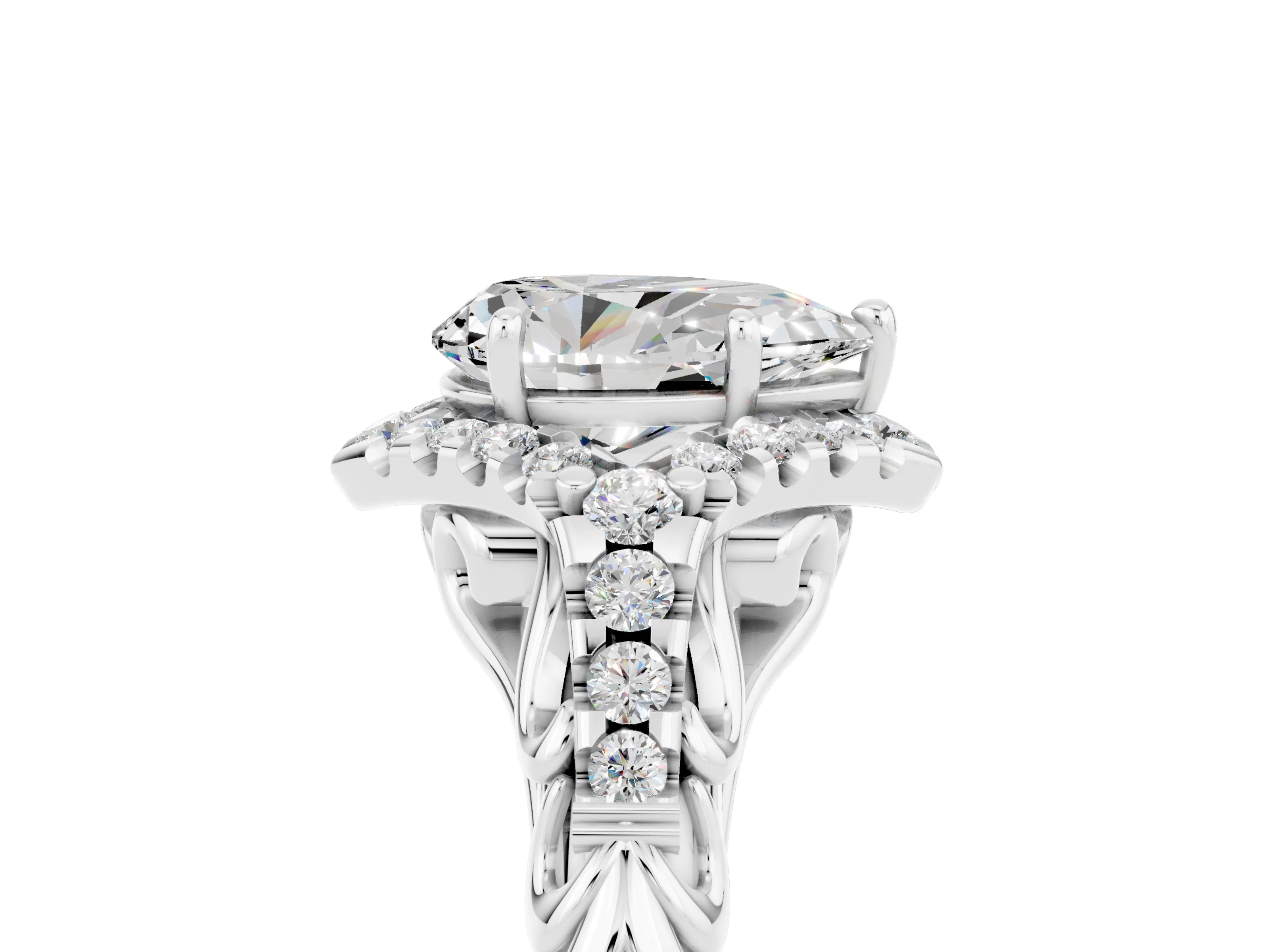 White gold Pear Cut Moissanite Solitaire Ring with Hidden Halo and Pavé Band_29