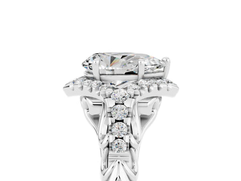 White gold Pear Cut Moissanite Solitaire Ring with Hidden Halo and Pavé Band_29