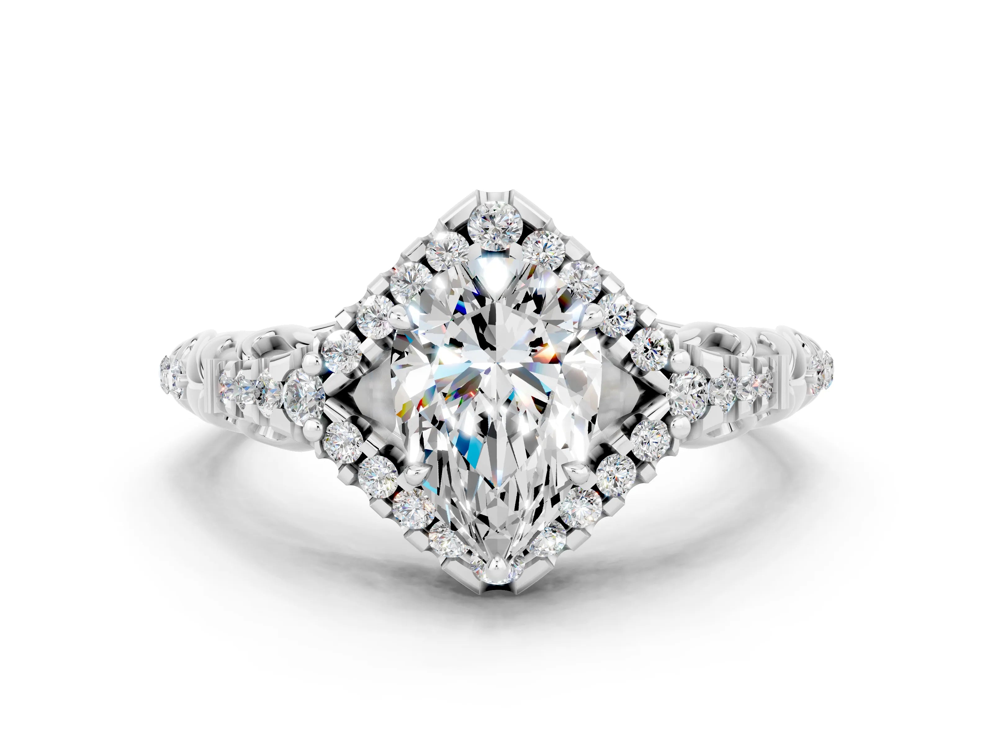 White gold Pear Cut Moissanite Solitaire Ring with Hidden Halo and Pavé Band_36