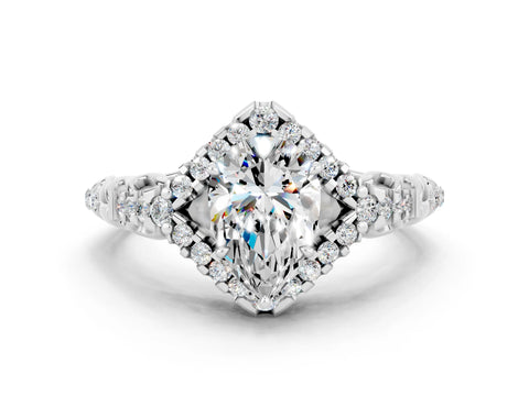 White gold Pear Cut Moissanite Solitaire Ring with Hidden Halo and Pavé Band_36