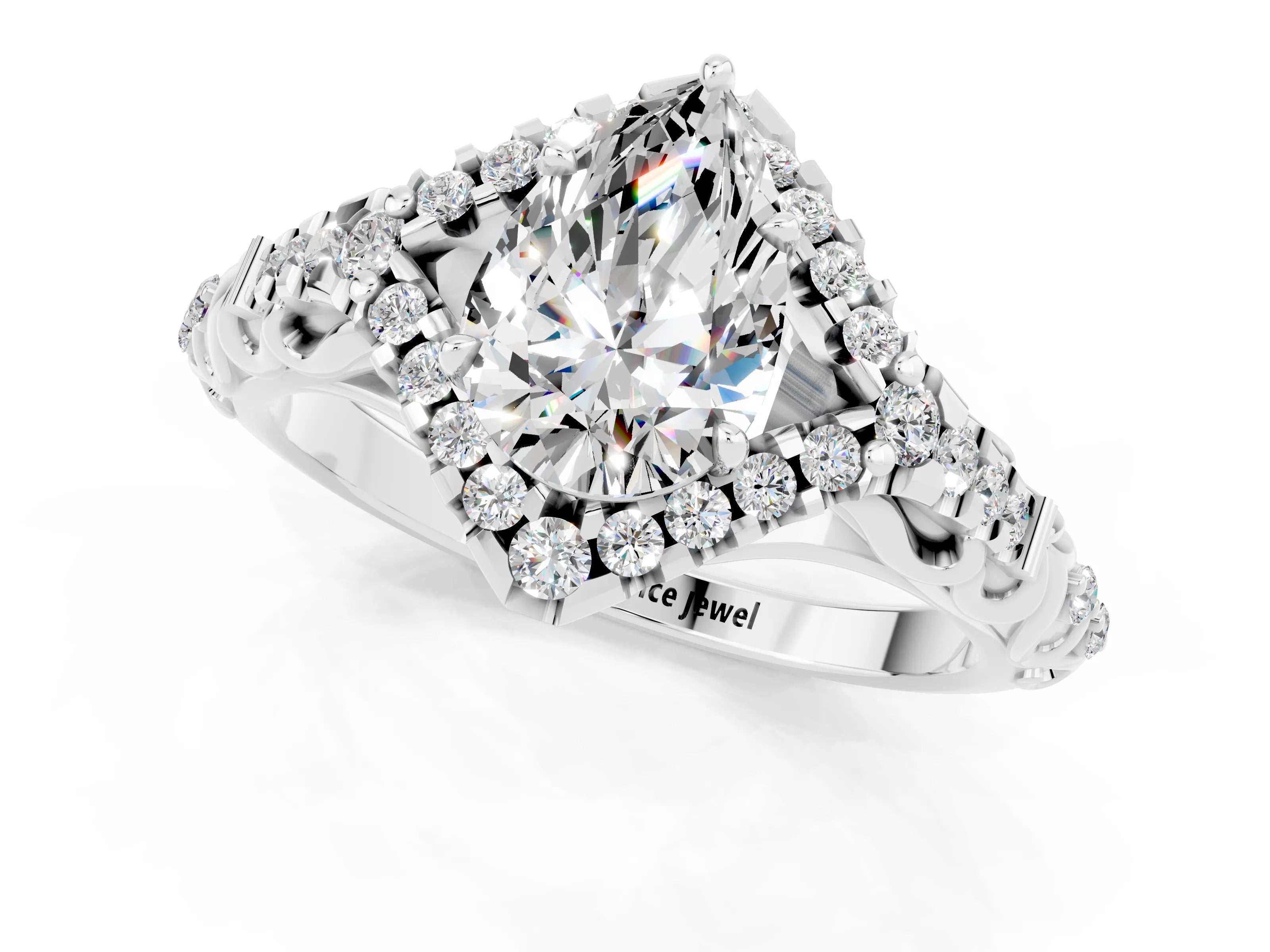 White gold Pear Cut Moissanite Solitaire Ring with Hidden Halo and Pavé Band_37