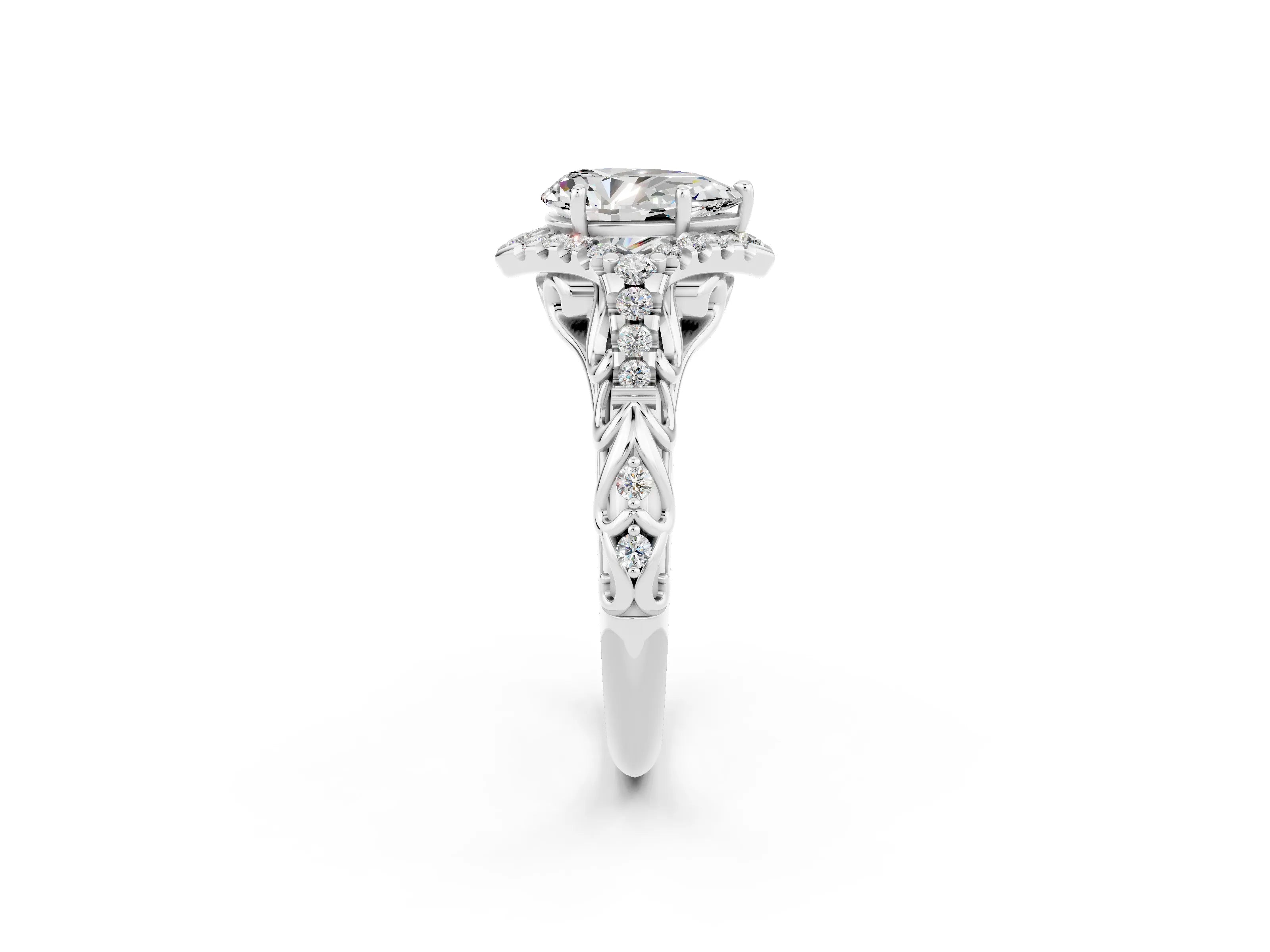 White gold Pear Cut Moissanite Solitaire Ring with Hidden Halo and Pavé Band_38