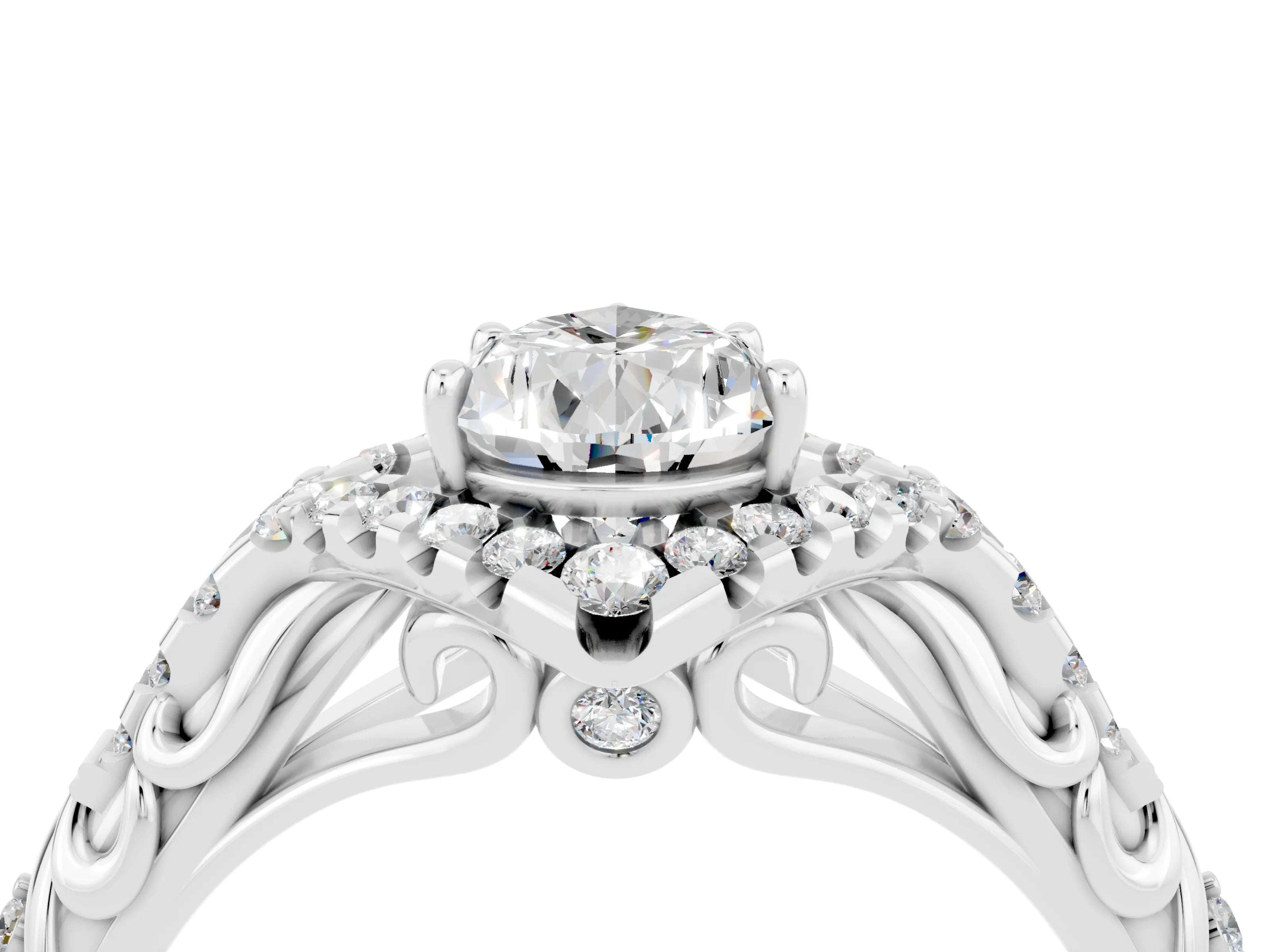 White gold Pear Cut Moissanite Solitaire Ring with Hidden Halo and Pavé Band_40