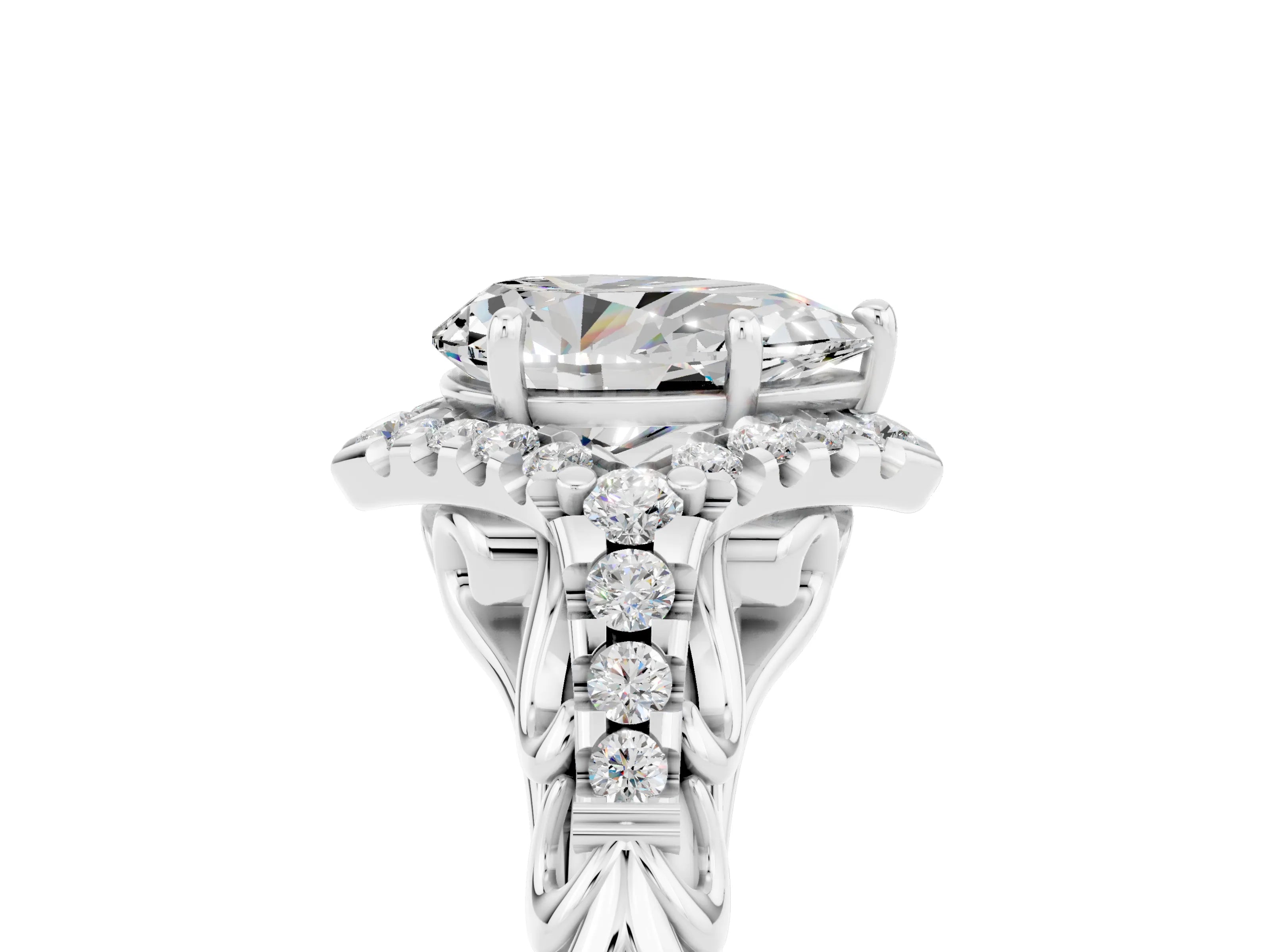 White gold Pear Cut Moissanite Solitaire Ring with Hidden Halo and Pavé Band_41