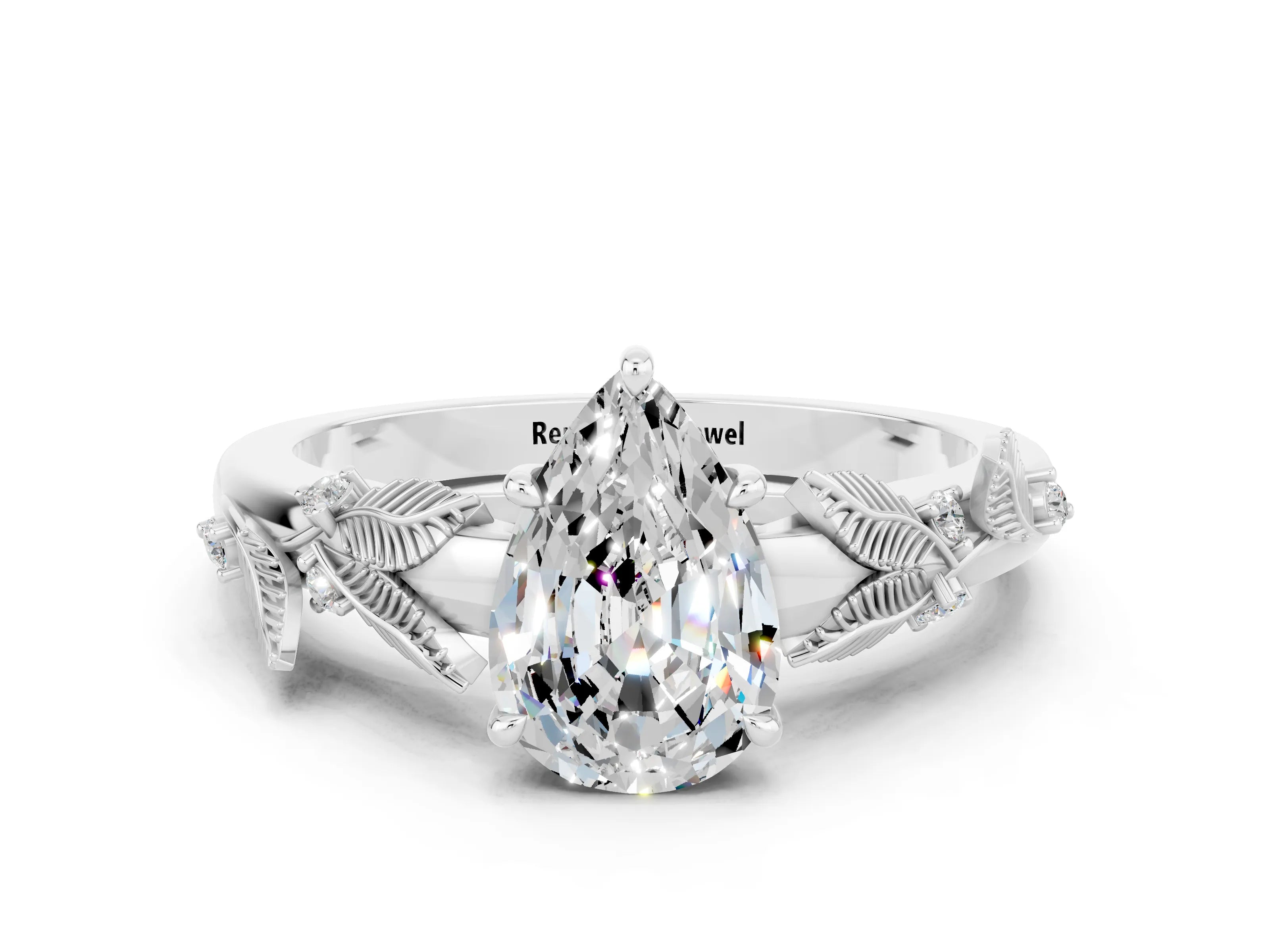 White gold Pear Cut Moissanite Solitaire Ring with Leaf Motif Band and Four-Prong Setting
