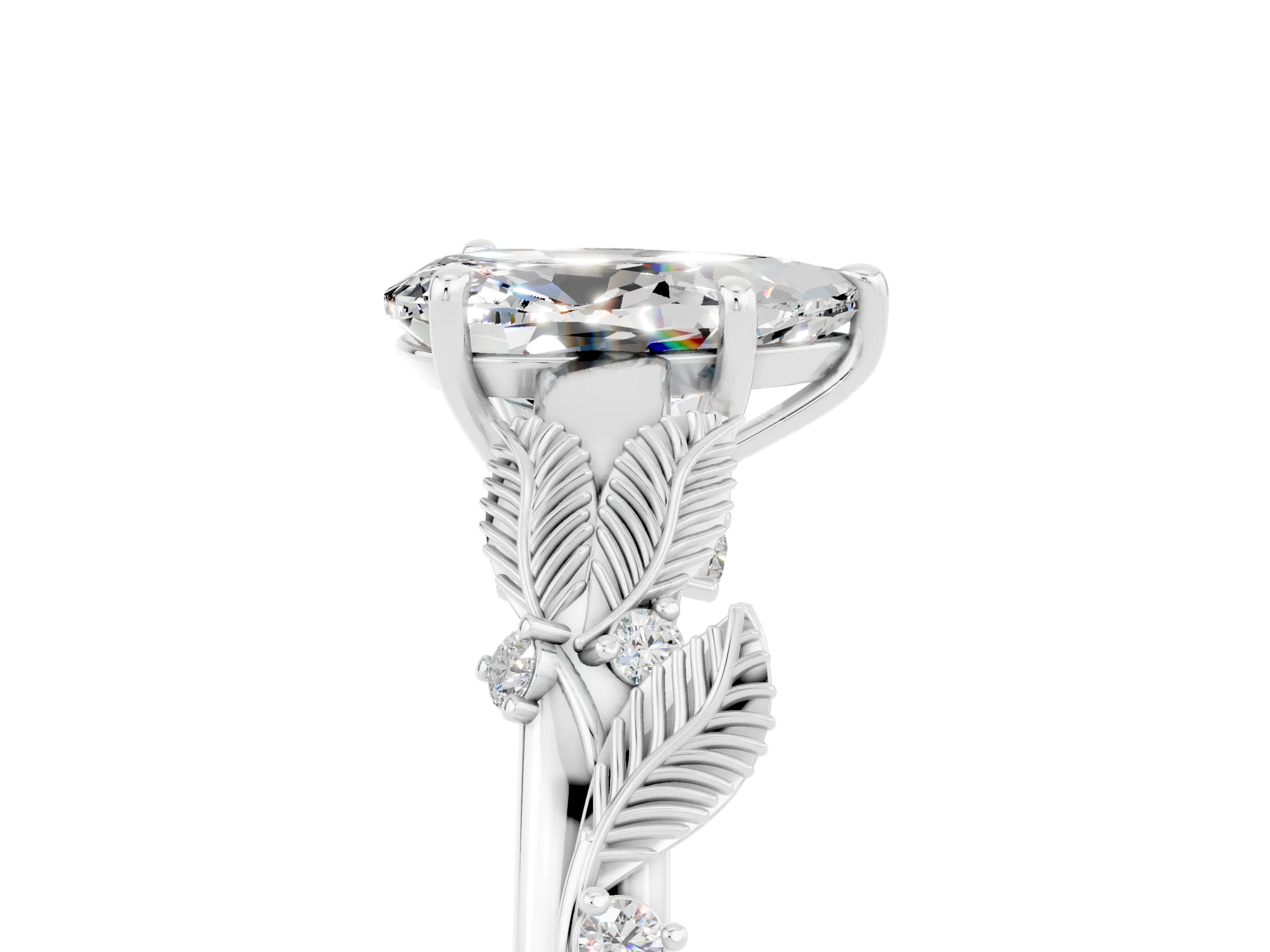 White gold Pear Cut Moissanite Solitaire Ring with Leaf Motif Band and Four-Prong Setting_17