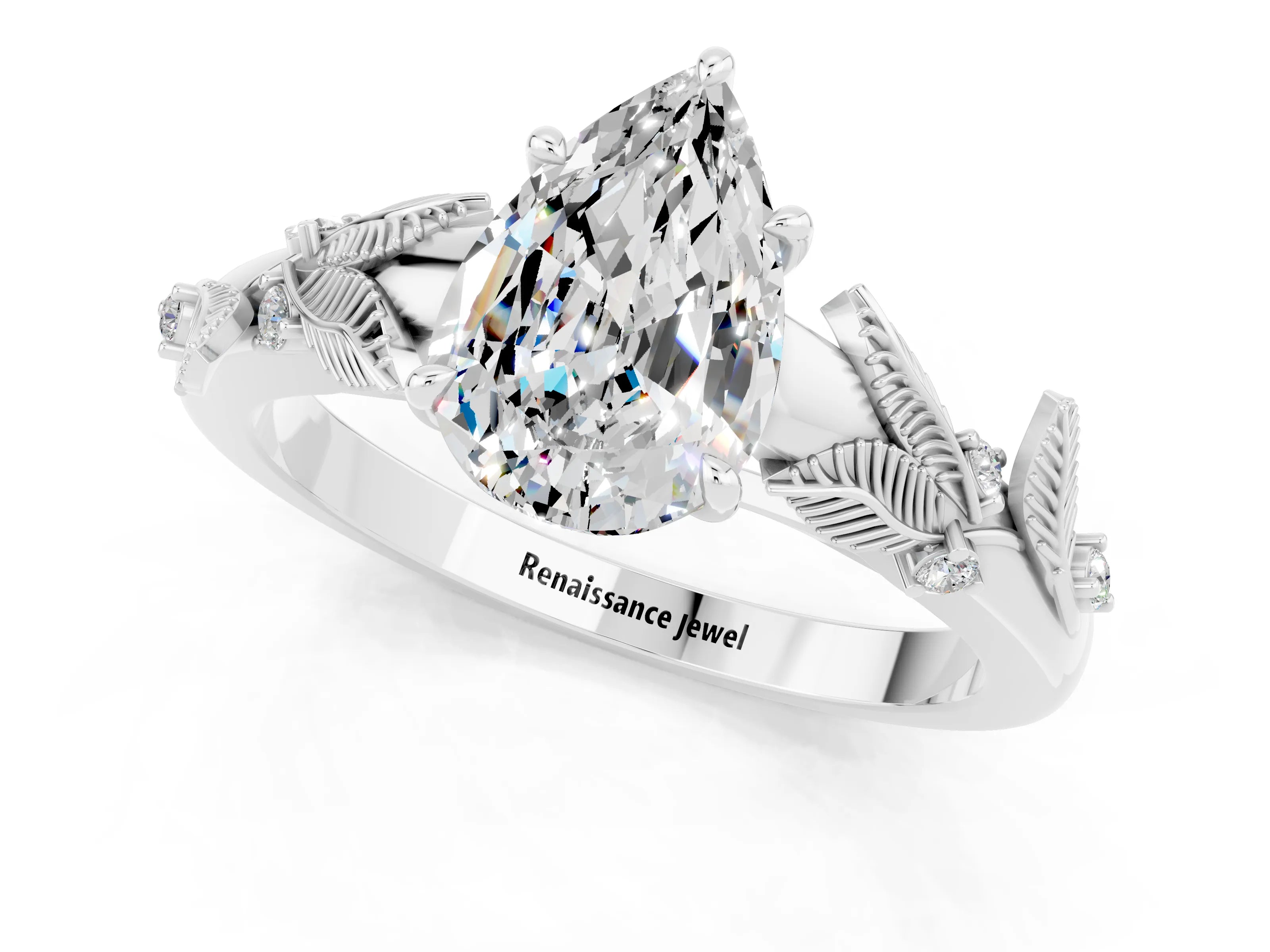 White gold Pear Cut Moissanite Solitaire Ring with Leaf Motif Band and Four-Prong Setting_1