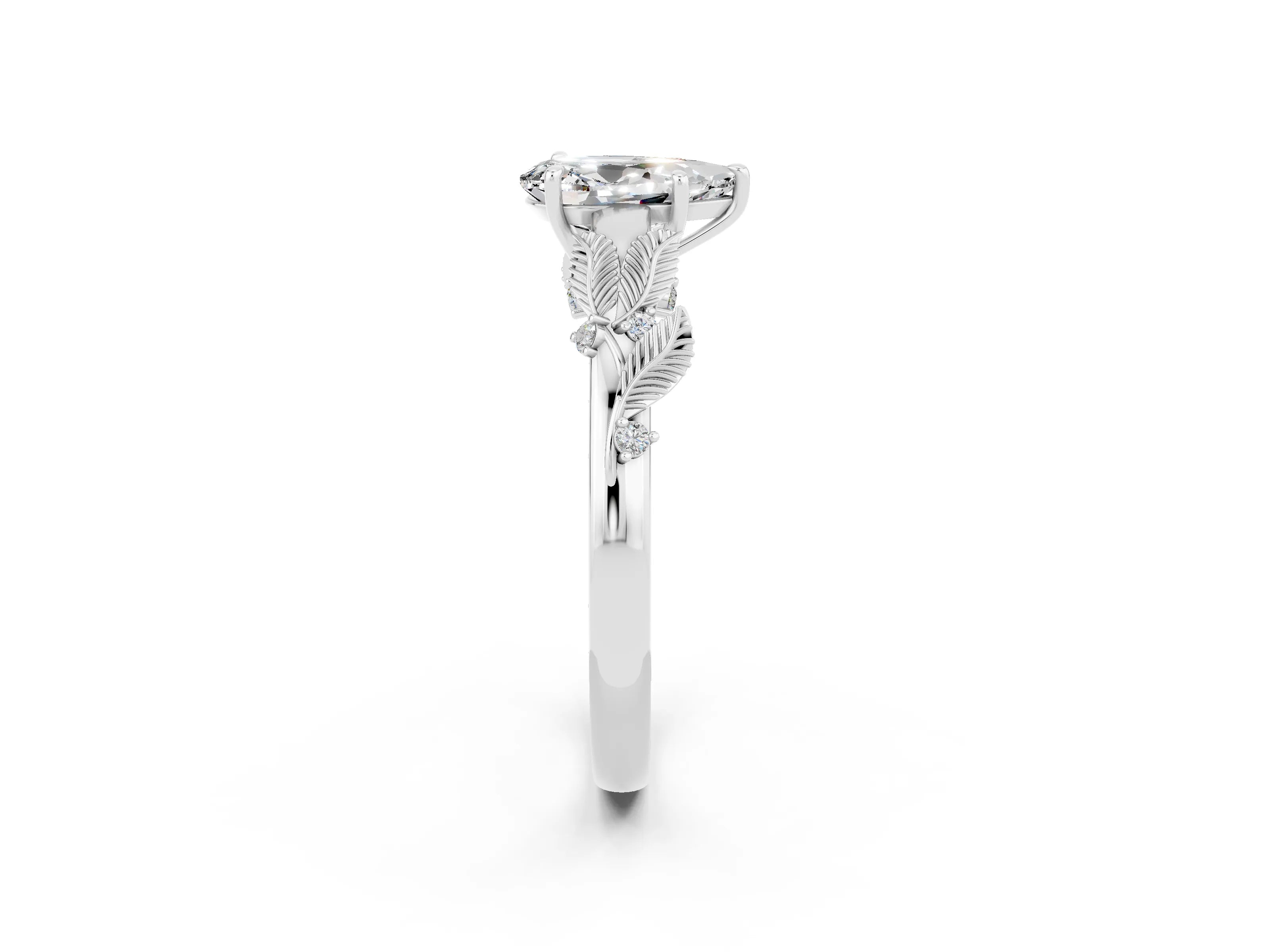 White gold Pear Cut Moissanite Solitaire Ring with Leaf Motif Band and Four-Prong Setting_2
