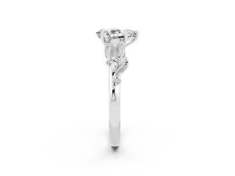White gold Pear Cut Moissanite Solitaire Ring with Leaf Motif Band and Four-Prong Setting_2