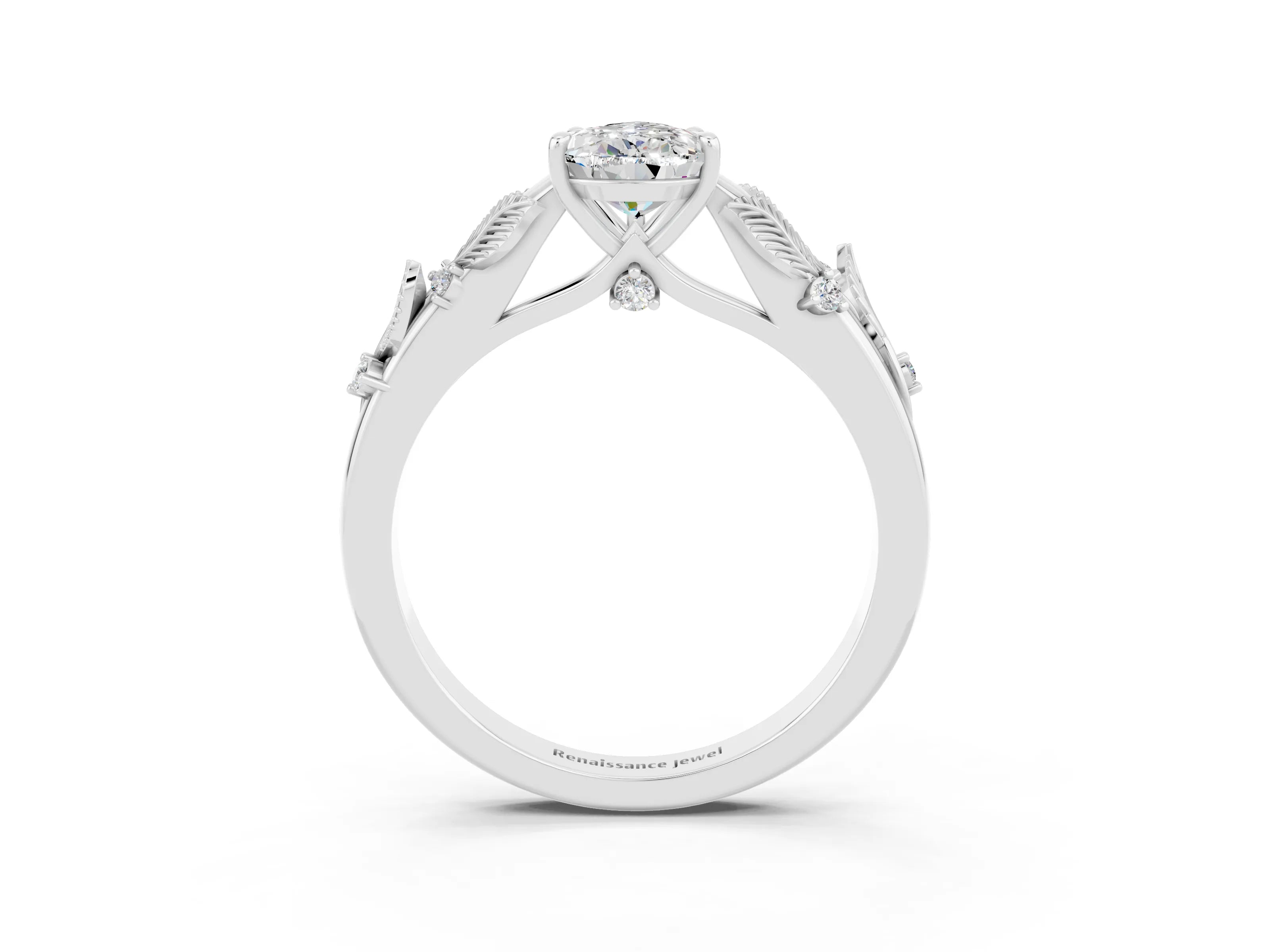 White gold Pear Cut Moissanite Solitaire Ring with Leaf Motif Band and Four-Prong Setting_3