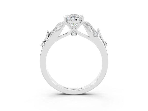 Platinum Pear Cut Moissanite Solitaire Ring with Leaf Motif Band and Four-Prong Setting