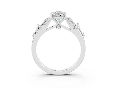 White gold Pear Cut Moissanite Solitaire Ring with Leaf Motif Band and Four-Prong Setting_3