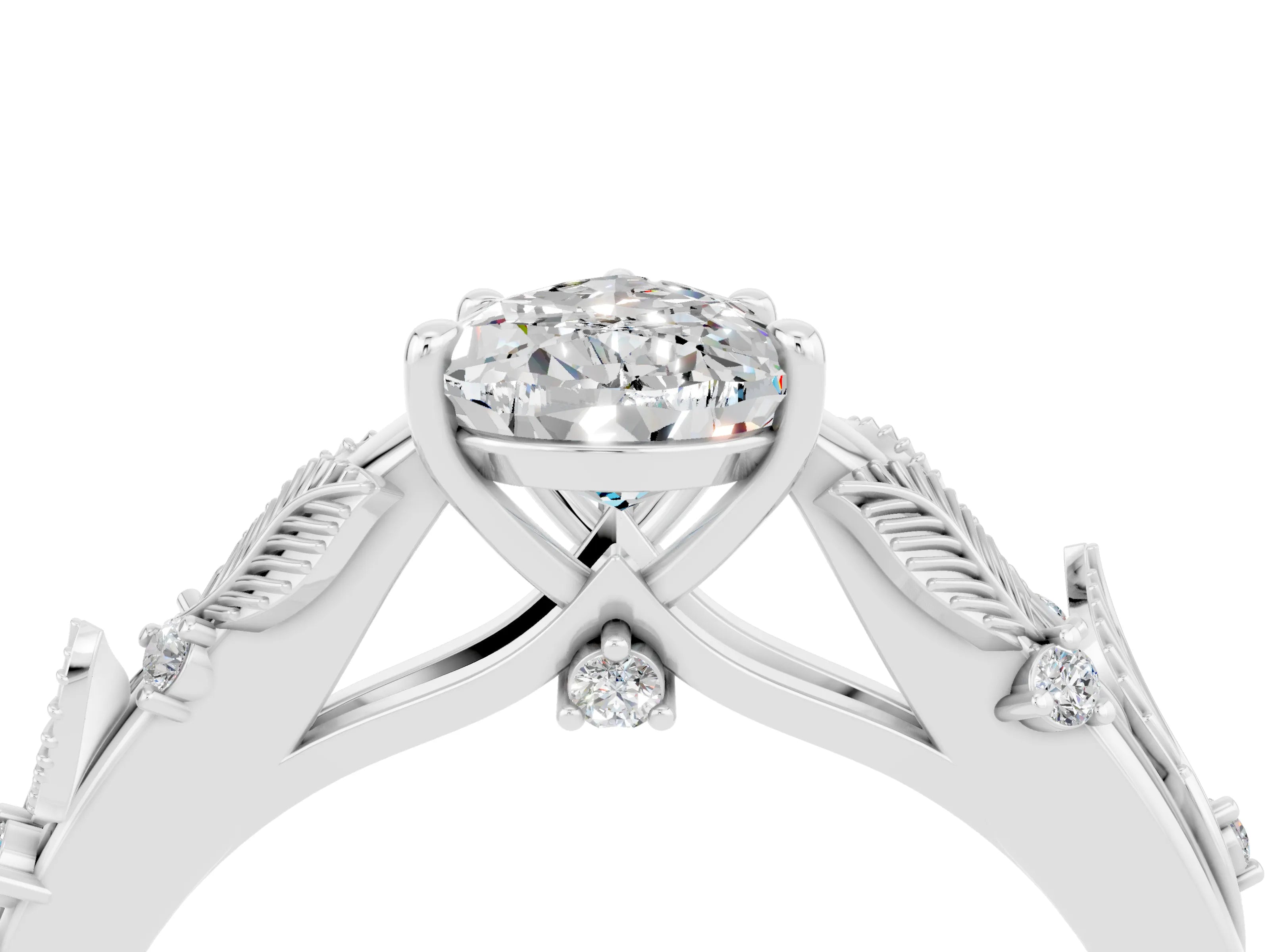 White gold Pear Cut Moissanite Solitaire Ring with Leaf Motif Band and Four-Prong Setting_4