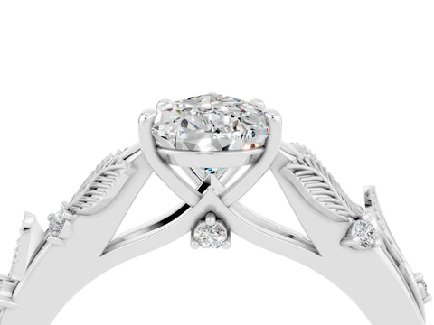 White gold Pear Cut Moissanite Solitaire Ring with Leaf Motif Band and Four-Prong Setting_4