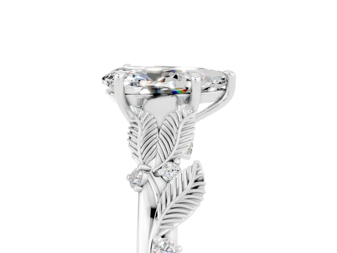 White gold Pear Cut Moissanite Solitaire Ring with Leaf Motif Band and Four-Prong Setting_5
