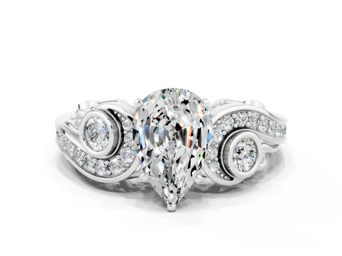 White gold Pear Cut Moissanite Solitaire Ring with Milgrain Pavé Band and Four-Prong Setting_12