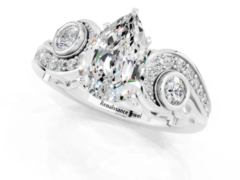 White gold Pear Cut Moissanite Solitaire Ring with Milgrain Pavé Band and Four-Prong Setting_13