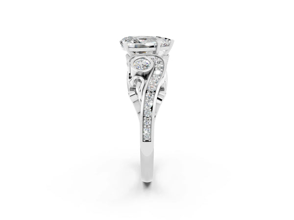 Platinum Pear Cut Moissanite Solitaire Ring with Milgrain Pavé Band and Four-Prong Setting