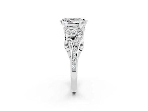 White gold Pear Cut Moissanite Solitaire Ring with Milgrain Pavé Band and Four-Prong Setting_14