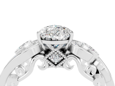 White gold Pear Cut Moissanite Solitaire Ring with Milgrain Pavé Band and Four-Prong Setting_16