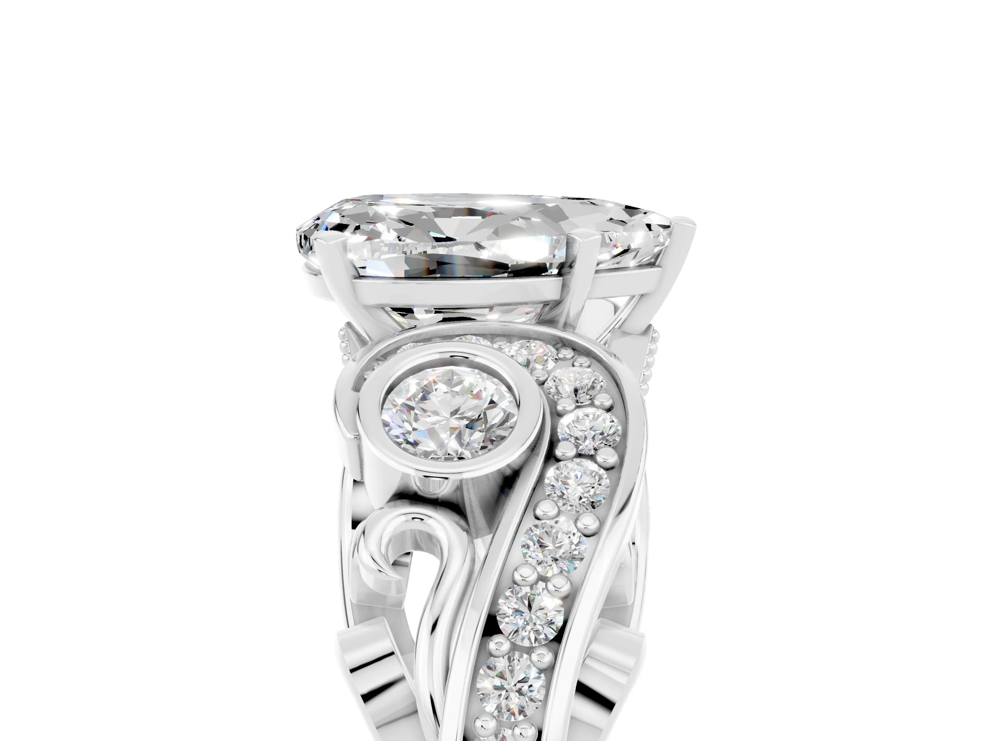 White gold Pear Cut Moissanite Solitaire Ring with Milgrain Pavé Band and Four-Prong Setting_17