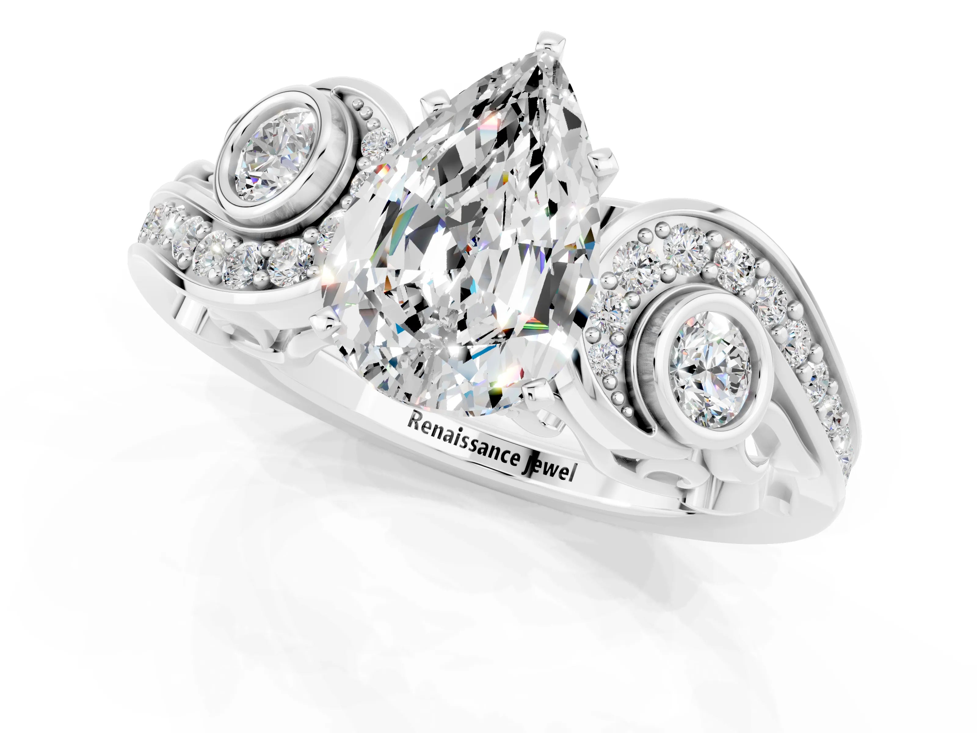 White gold Pear Cut Moissanite Solitaire Ring with Milgrain Pavé Band and Four-Prong Setting_49