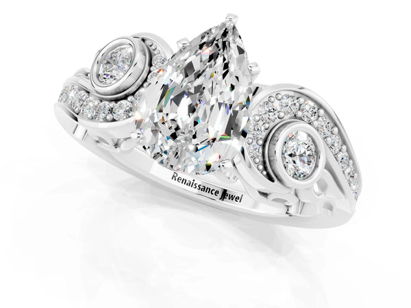 White gold Pear Cut Moissanite Solitaire Ring with Milgrain Pavé Band and Four-Prong Setting