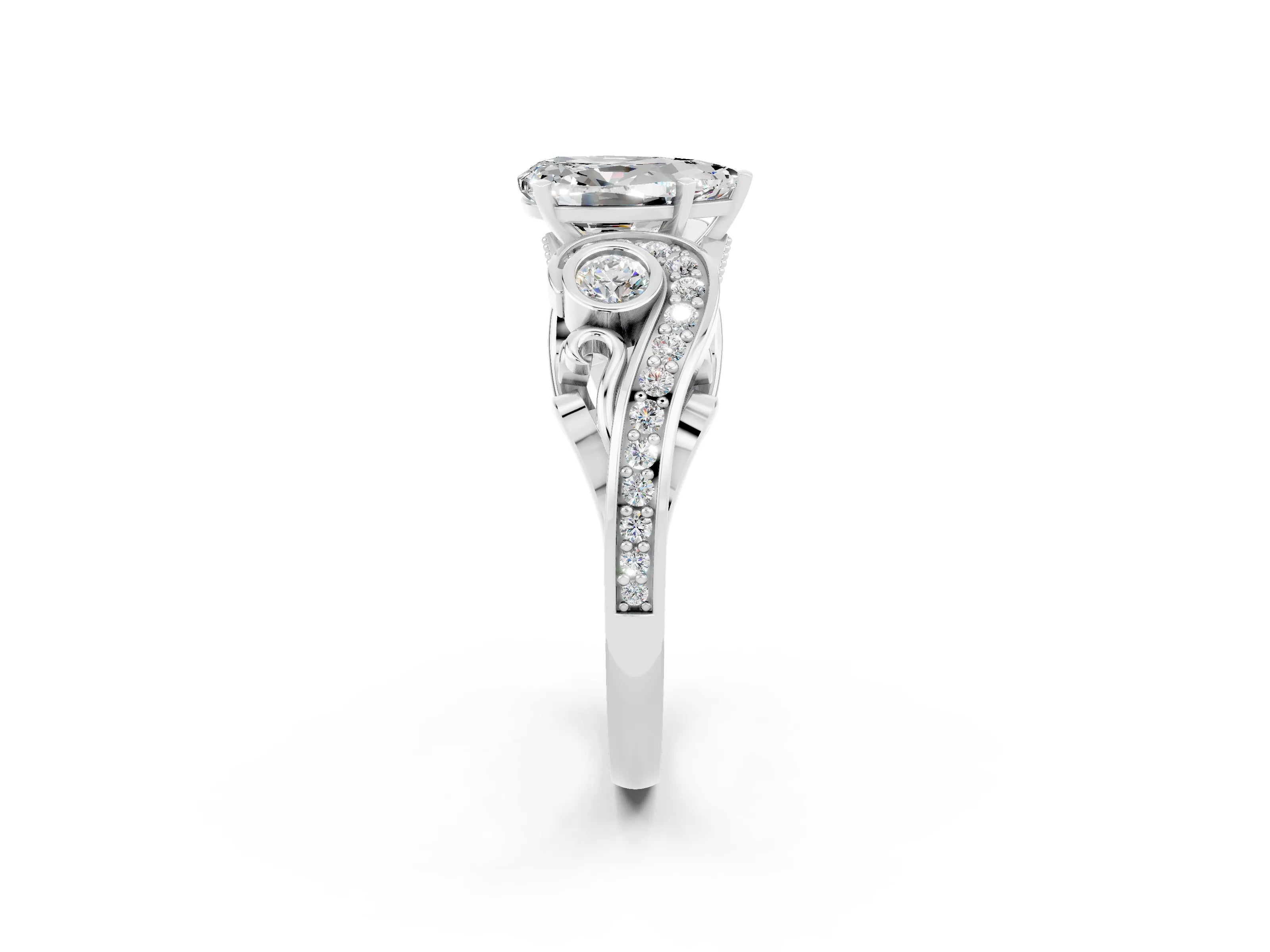 White gold Pear Cut Moissanite Solitaire Ring with Milgrain Pavé Band and Four-Prong Setting_50