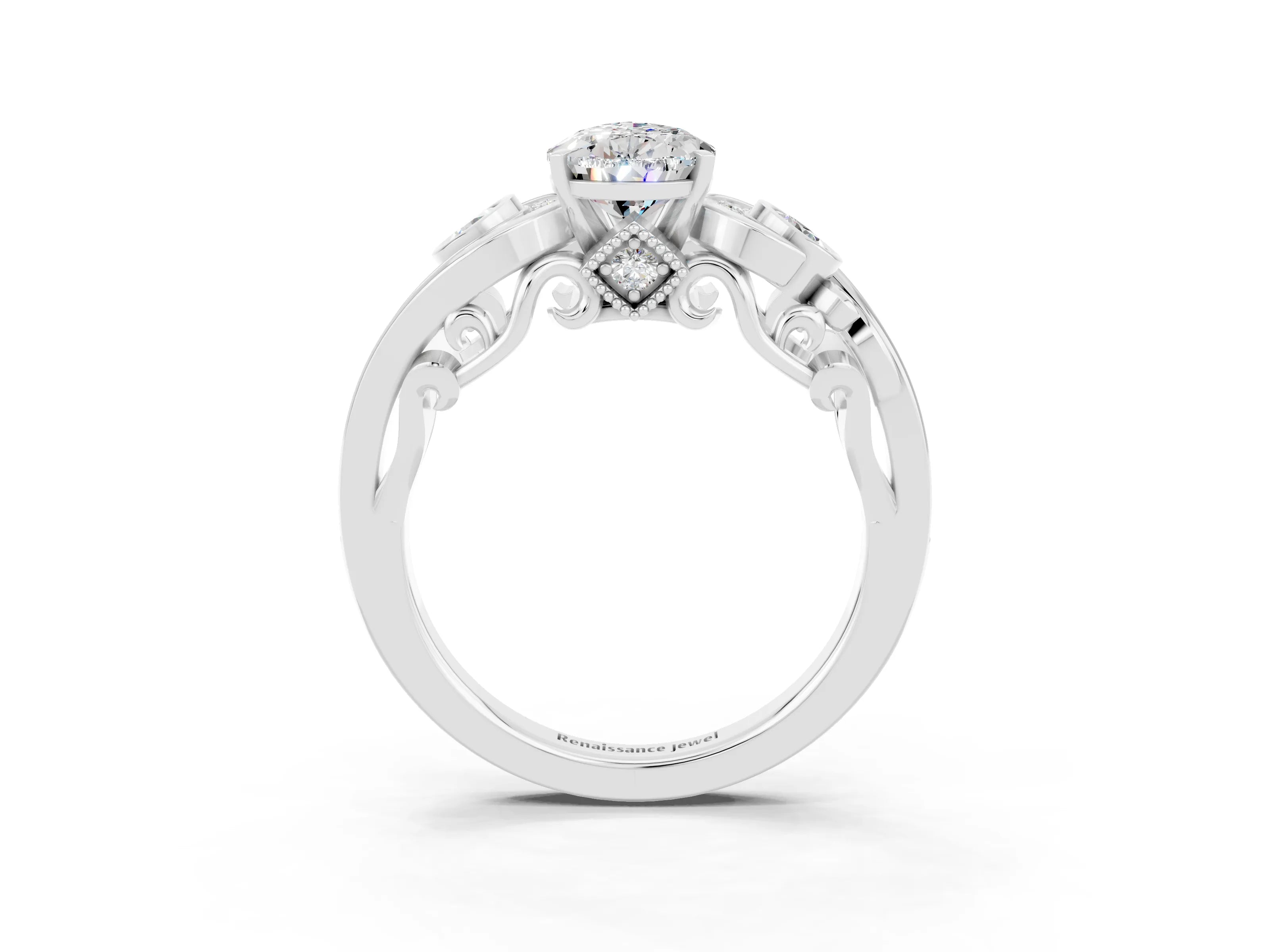 White gold Pear Cut Moissanite Solitaire Ring with Milgrain Pavé Band and Four-Prong Setting_51