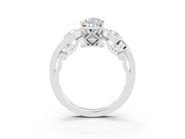 White gold Pear Cut Moissanite Solitaire Ring with Milgrain Pavé Band and Four-Prong Setting
