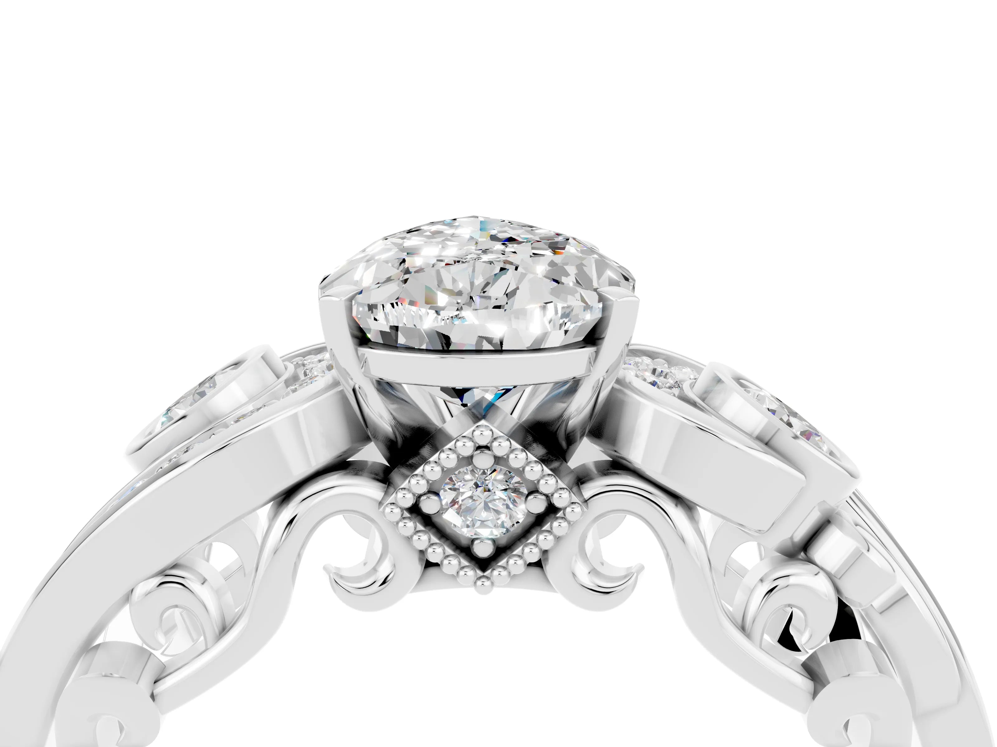 White gold Pear Cut Moissanite Solitaire Ring with Milgrain Pavé Band and Four-Prong Setting_52