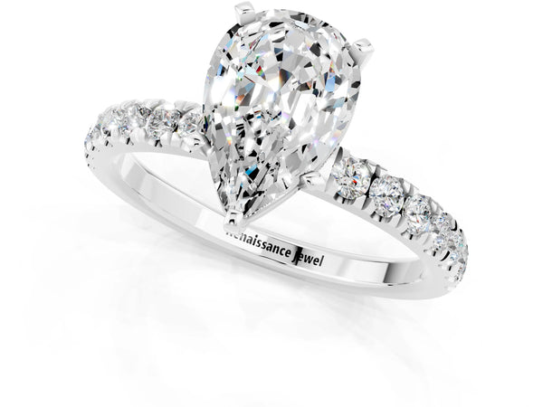 Platinum Pear Cut Moissanite Solitaire Ring with Pavé Accents and Four-Prong Setting