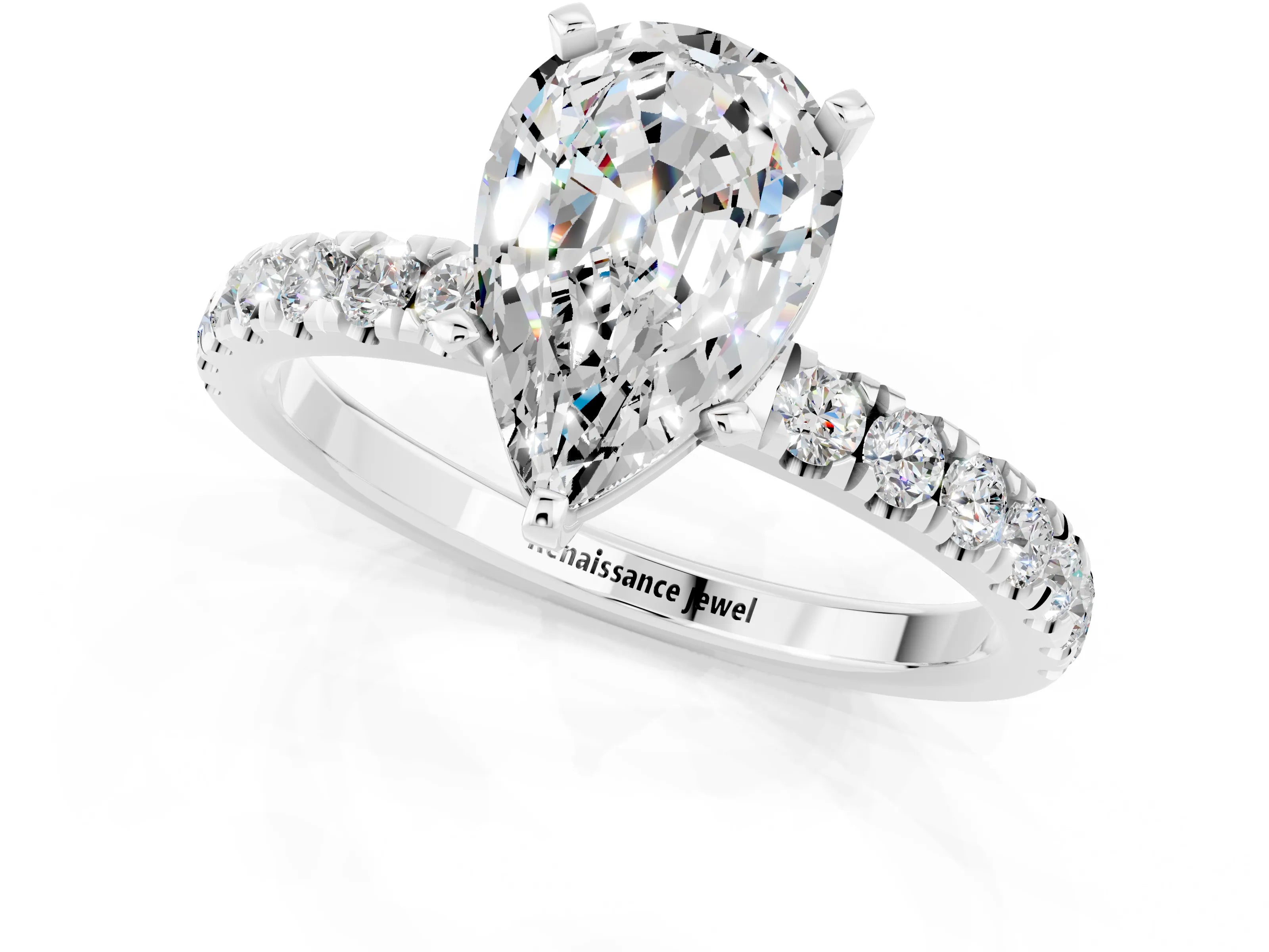 White gold Pear Cut Moissanite Solitaire Ring with Pavé Accents and Four-Prong Setting_1